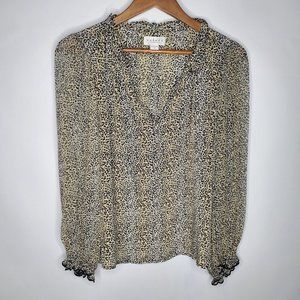 Velvet Graham & Spencer Womens Animal Print Blouse Size S Ruffled V Neck Sheer